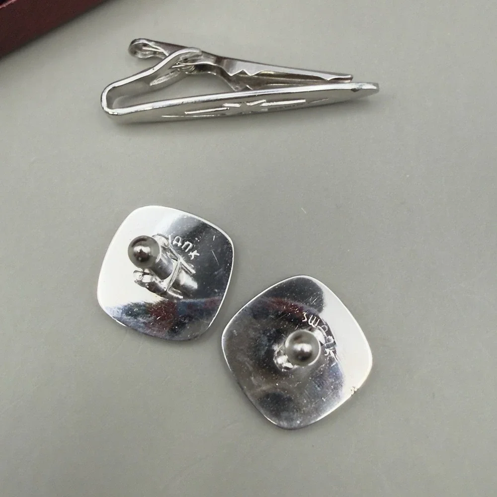 Swank Cufflinks Tie Clip Set Silver Tone Starburst Textured Mens Jewelry Boxed